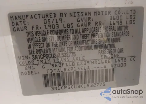 2019 Nissan Kicks S from USA, damaged, VIN 3N1CP5CU3KL532775